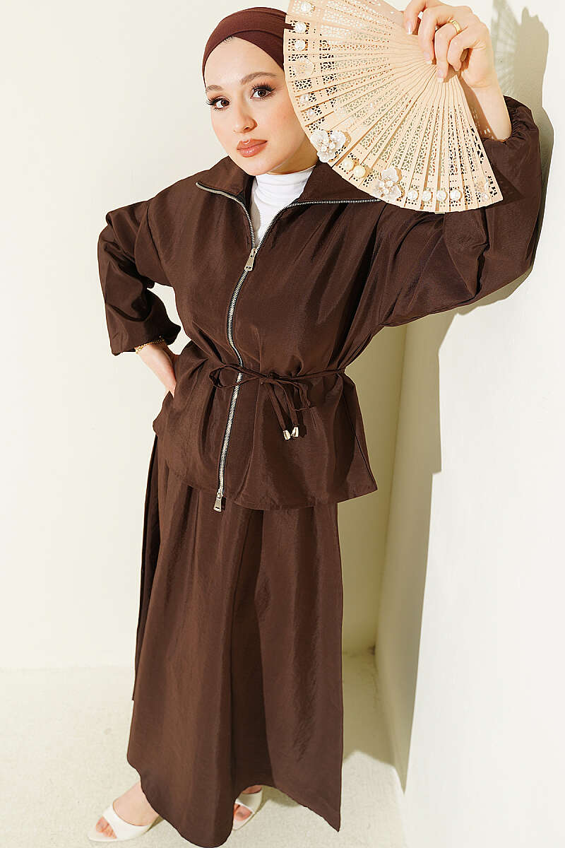 Parachute Skirt Set with Zip and Tie Belt - Brown