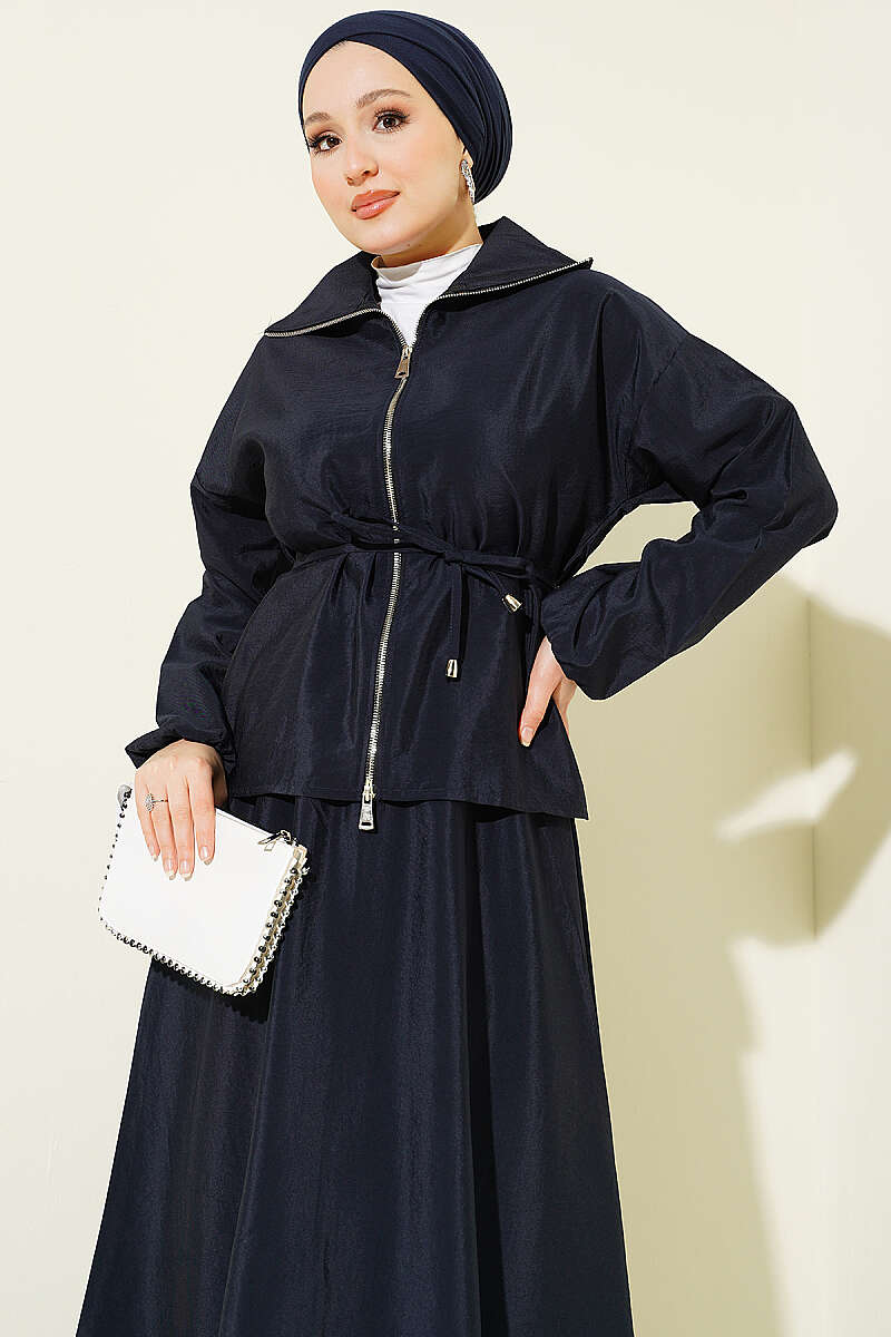 Parachute Skirt Set with Zip and Tie Belt - Navy