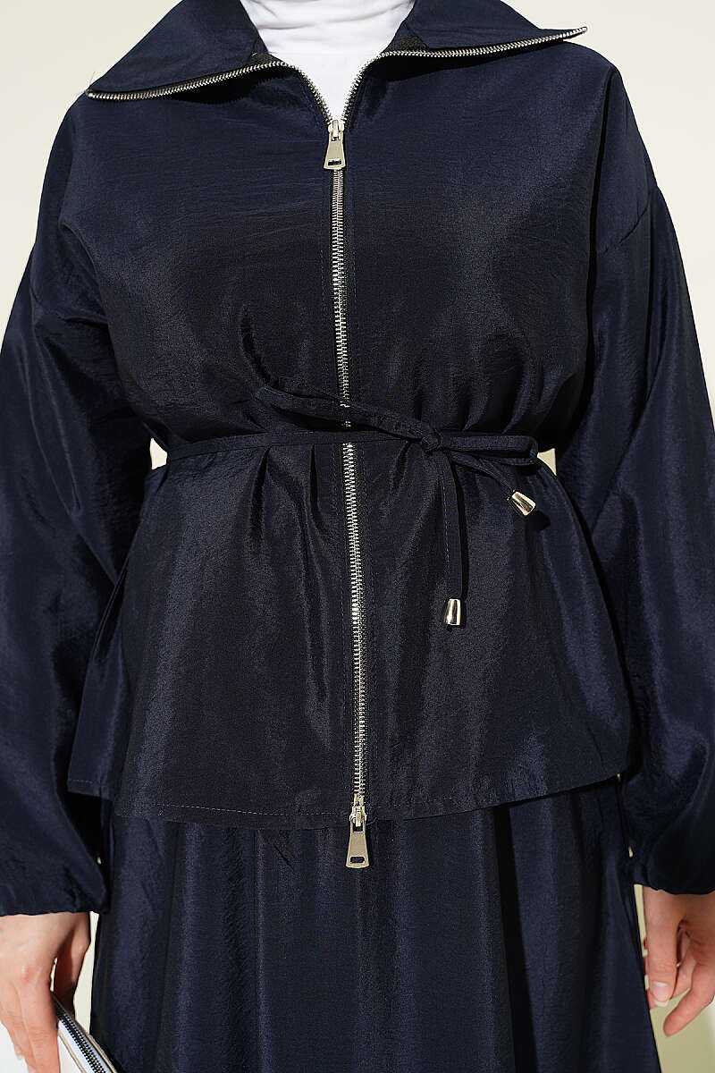 Parachute Skirt Set with Zip and Tie Belt - Navy