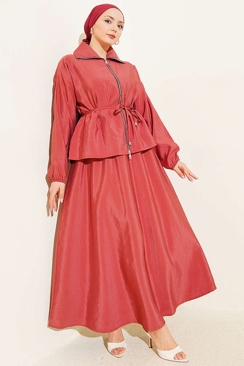 Parachute Skirt Set with Zip and Tie Belt - Coral