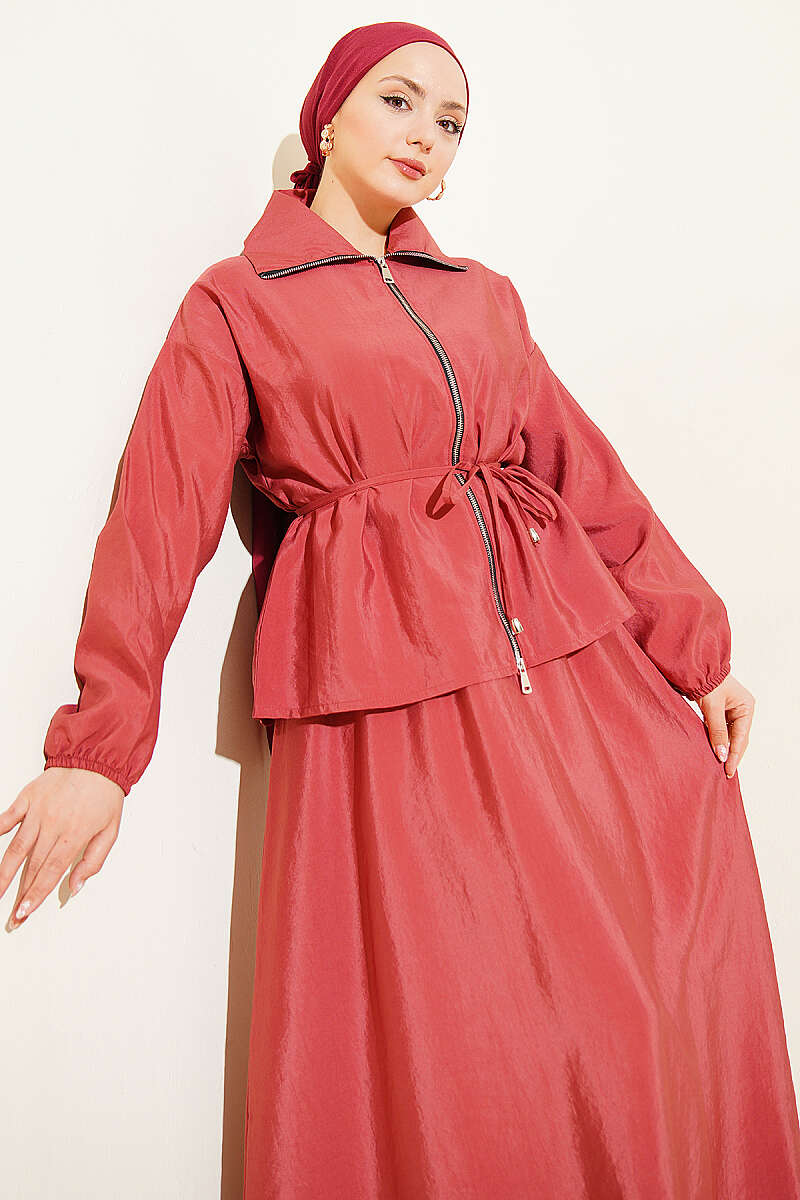 Parachute Skirt Set with Zip and Tie Belt - Coral