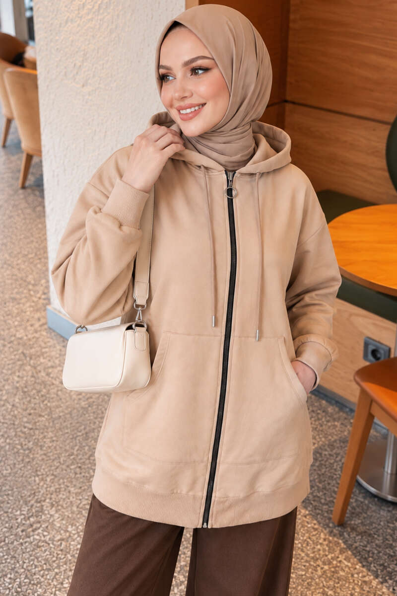 Zip-Up Cardigan with Kangaroo Pocket - Beige