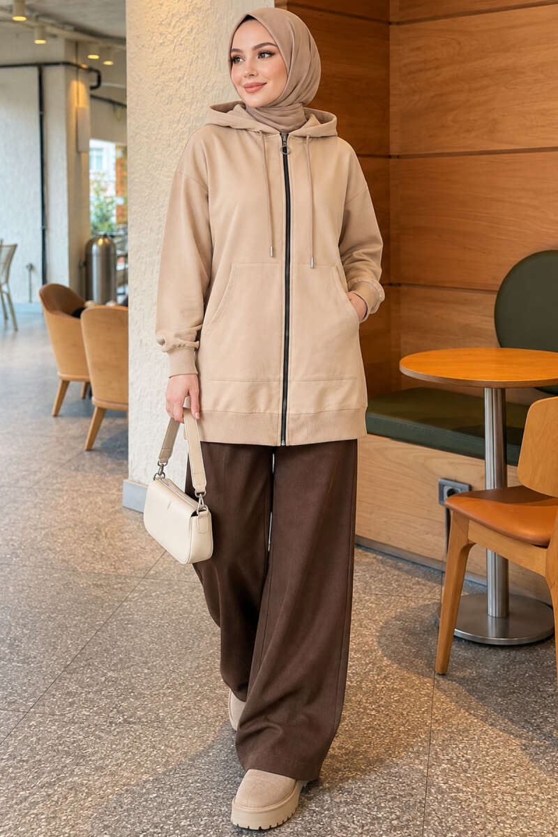 Zip-Up Cardigan with Kangaroo Pocket - Beige