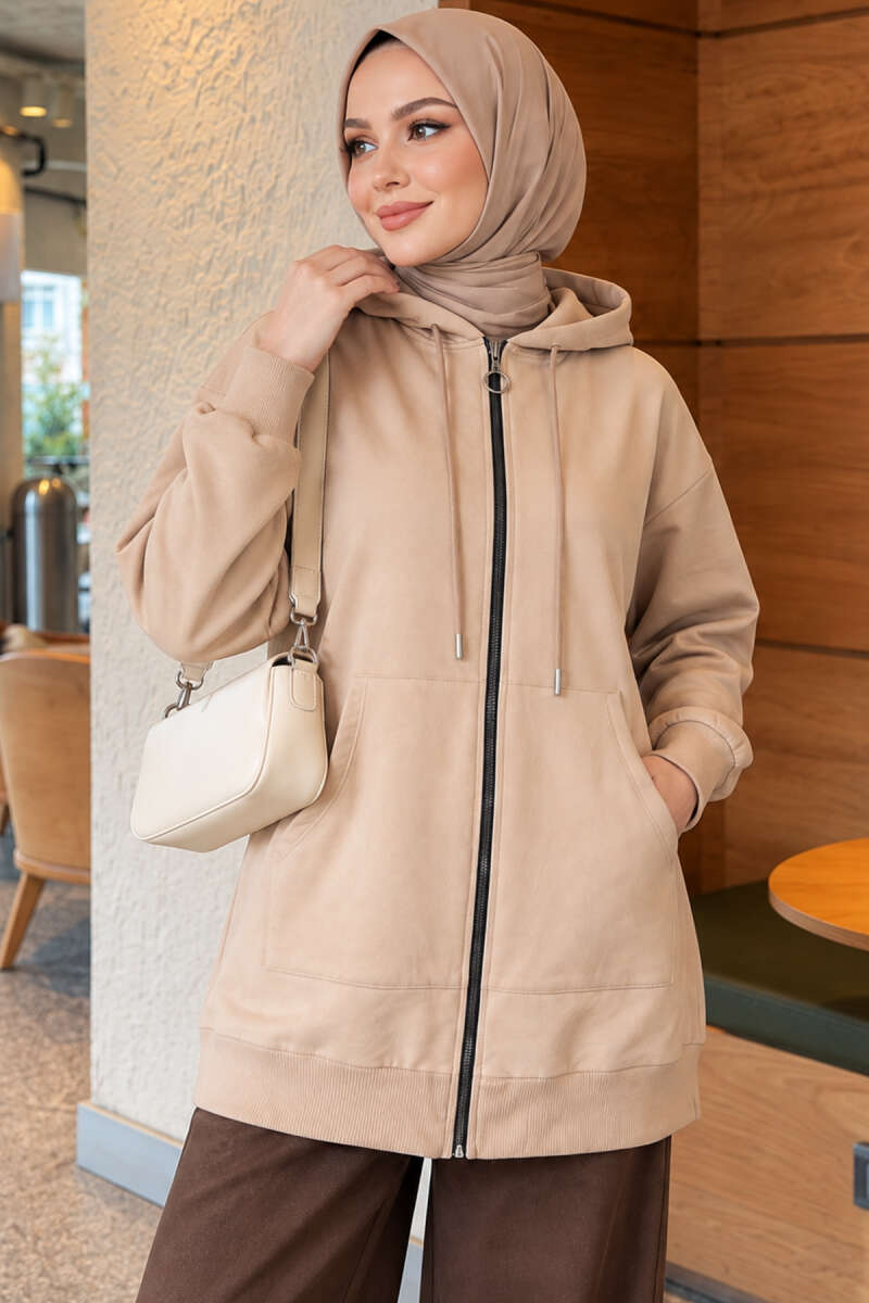 Zip-Up Cardigan with Kangaroo Pocket - Beige