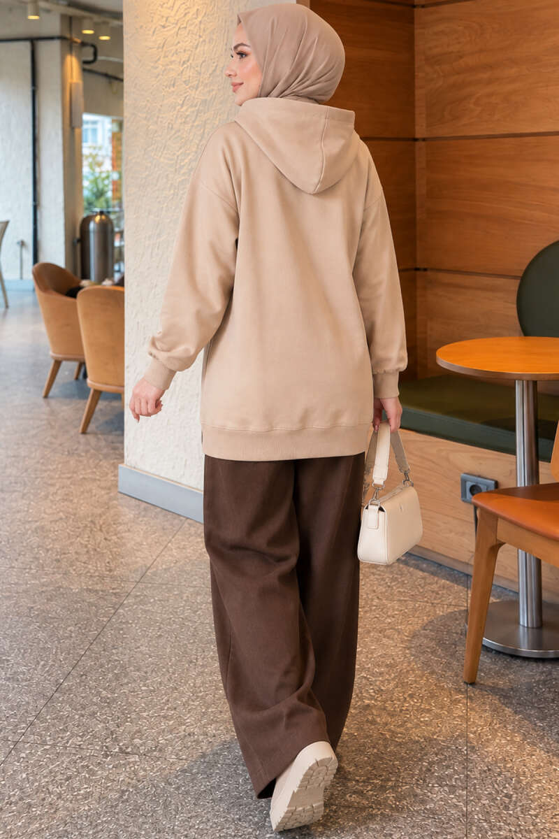 Zip-Up Cardigan with Kangaroo Pocket - Beige