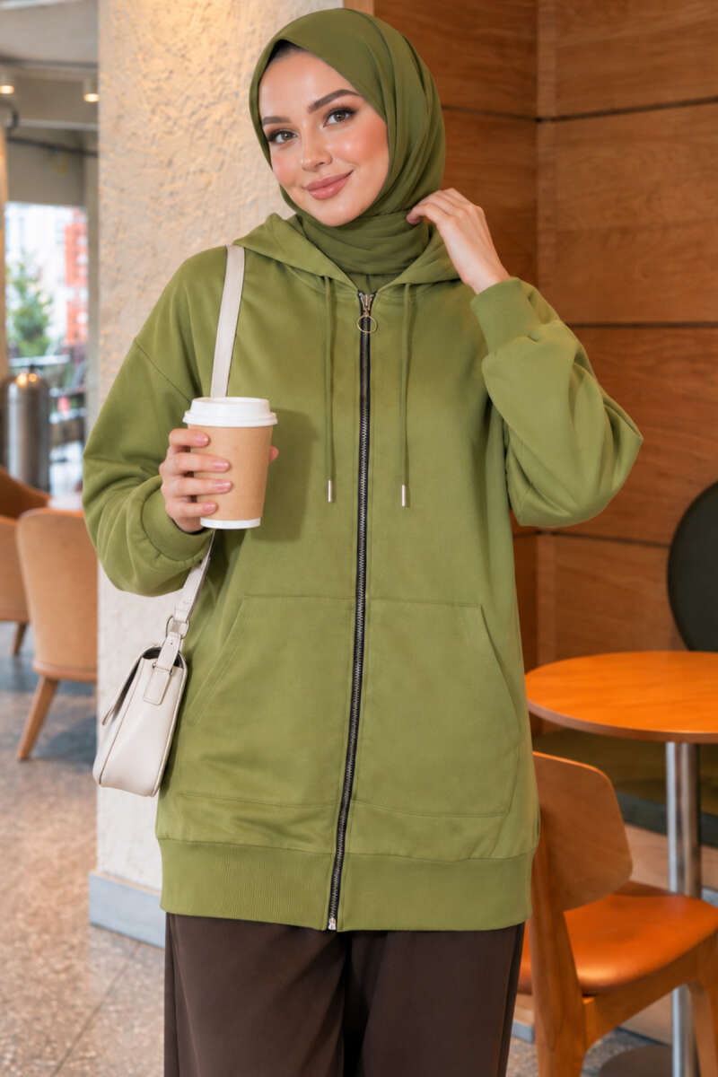 Zip-Up Cardigan with Kangaroo Pocket - Almond Green