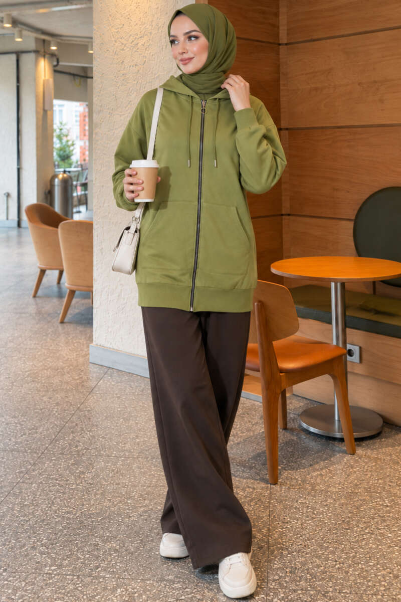 Zip-Up Cardigan with Kangaroo Pocket - Almond Green