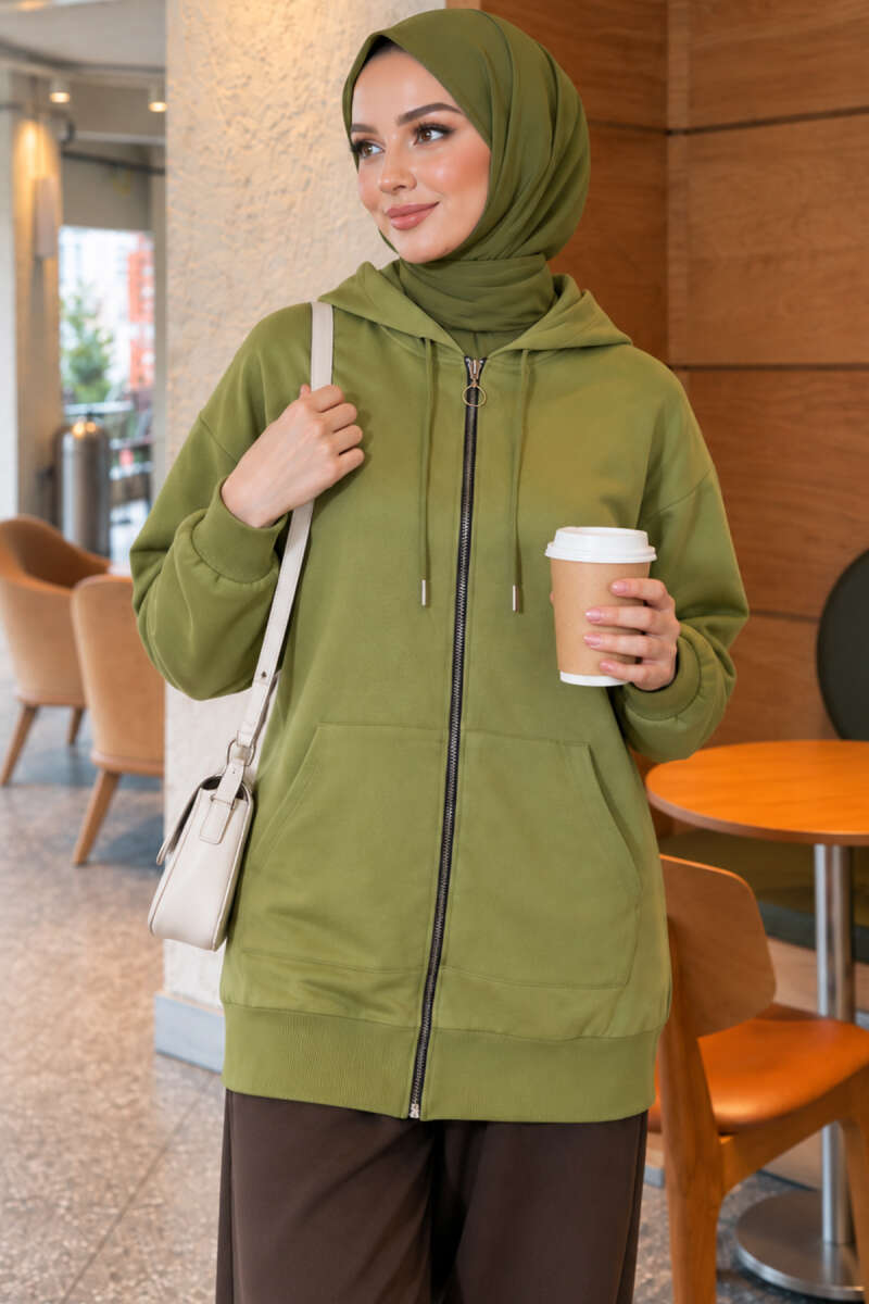 Zip-Up Cardigan with Kangaroo Pocket - Almond Green