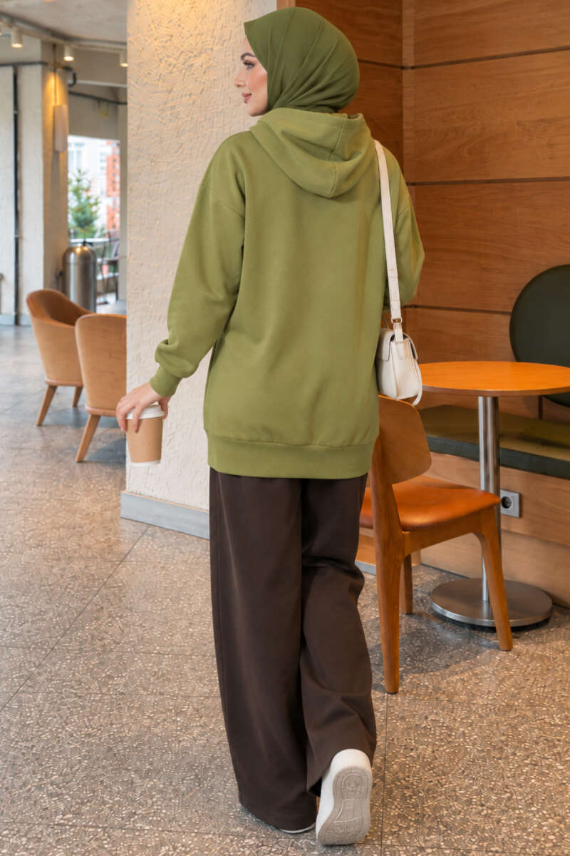Zip-Up Cardigan with Kangaroo Pocket - Almond Green