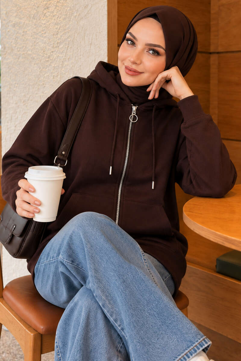 Zip-Up Cardigan with Kangaroo Pocket - Brown