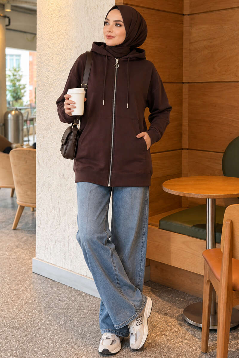 Zip-Up Cardigan with Kangaroo Pocket - Brown