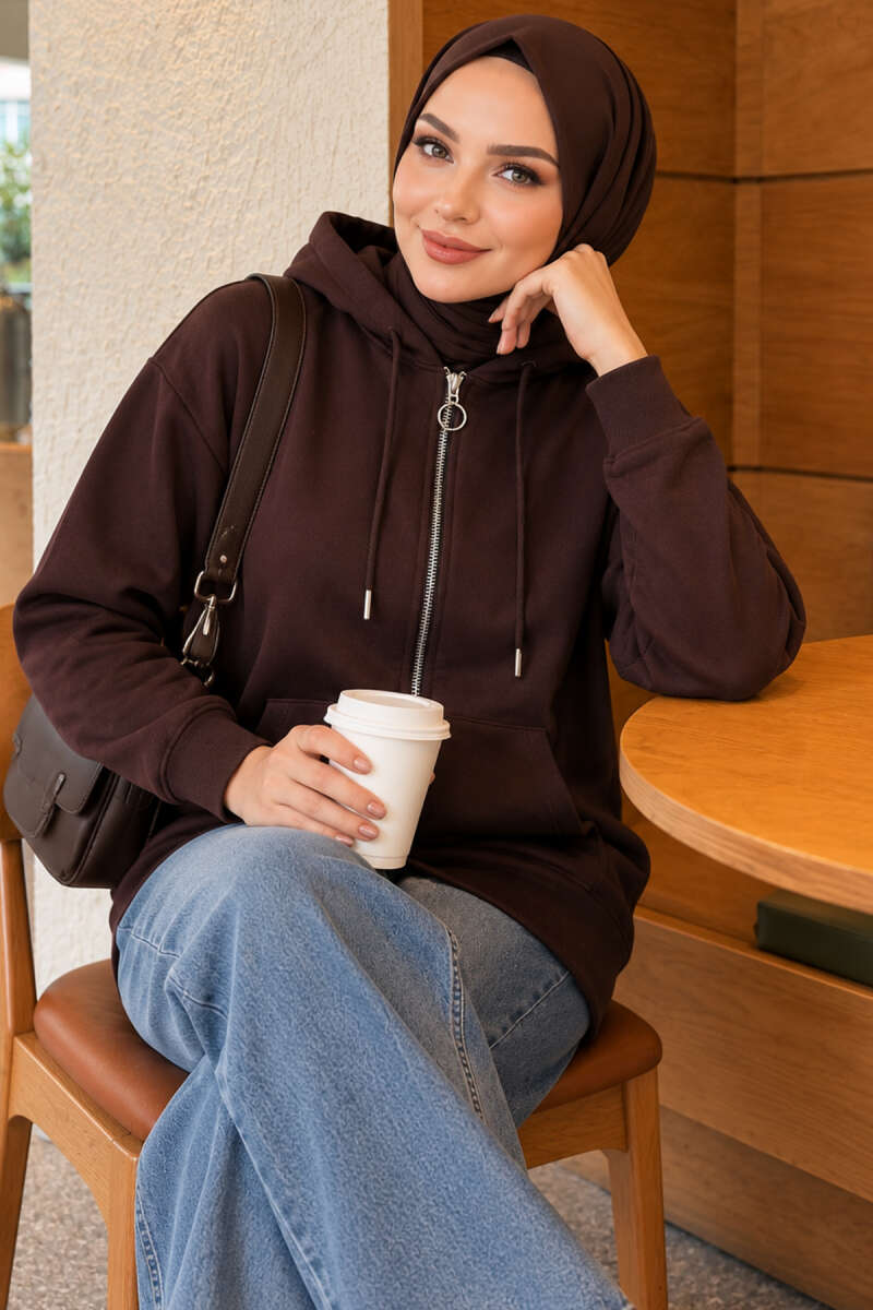 Zip-Up Cardigan with Kangaroo Pocket - Brown