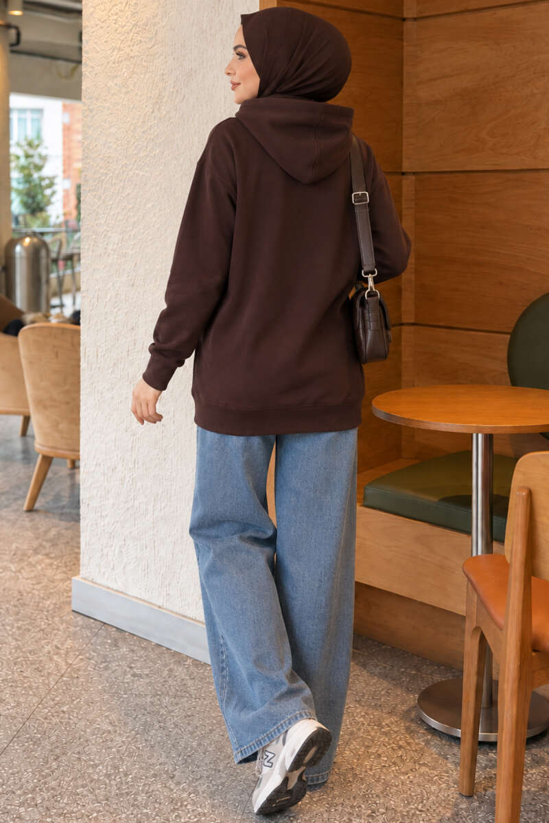 Zip-Up Cardigan with Kangaroo Pocket - Brown