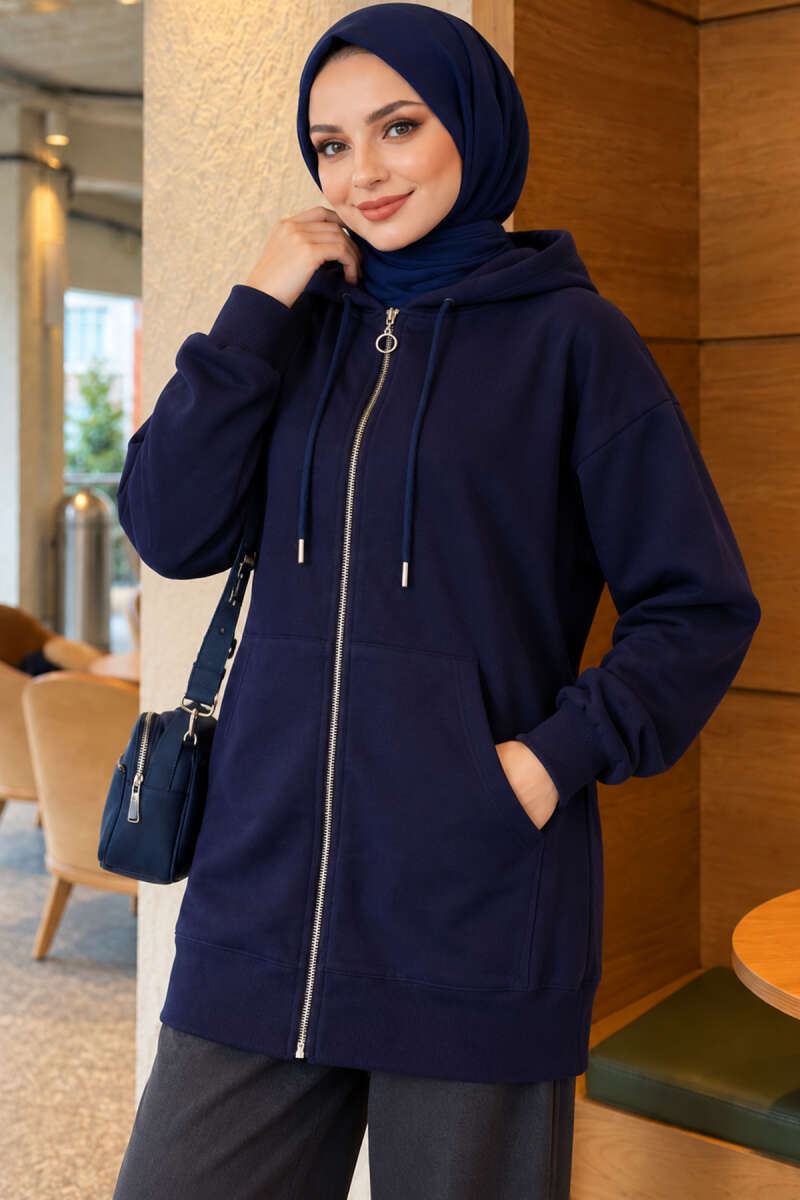 Zip-Up Cardigan with Kangaroo Pocket - Navy