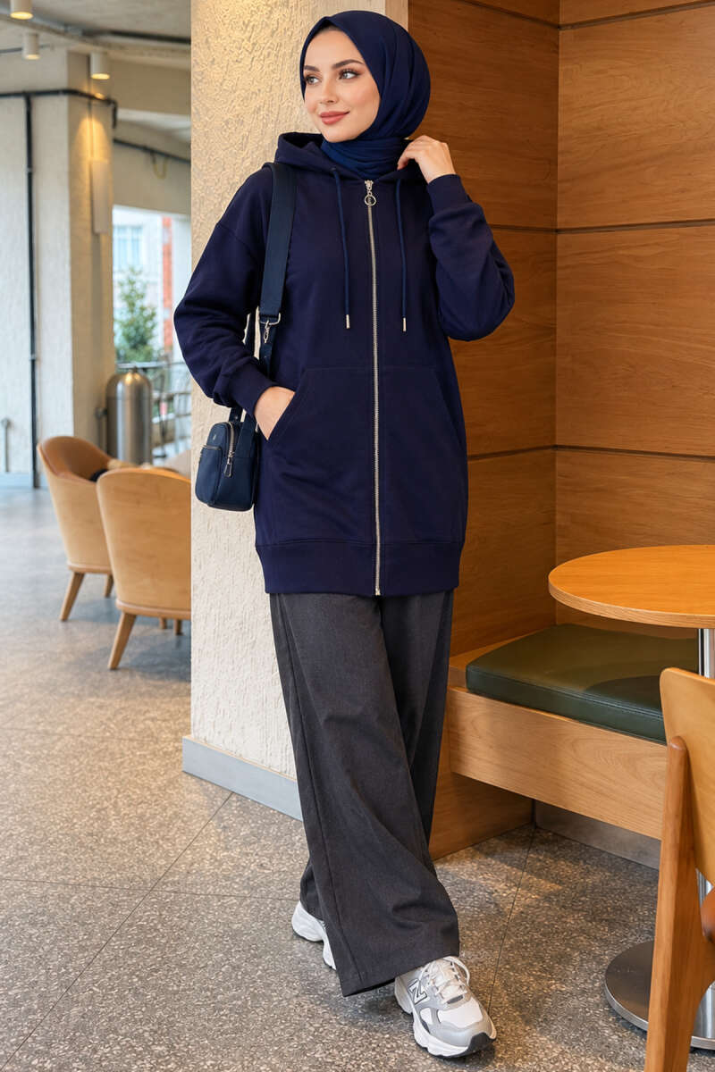 Zip-Up Cardigan with Kangaroo Pocket - Navy