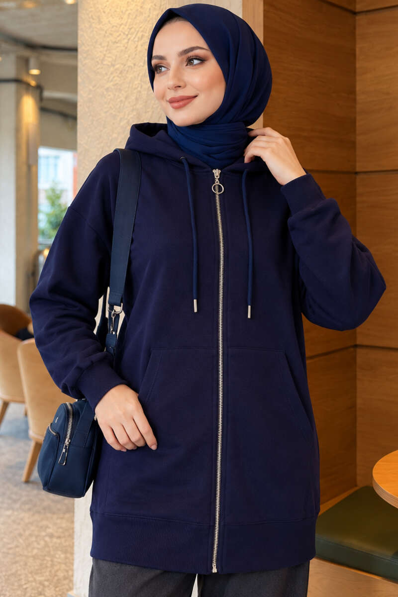 Zip-Up Cardigan with Kangaroo Pocket - Navy