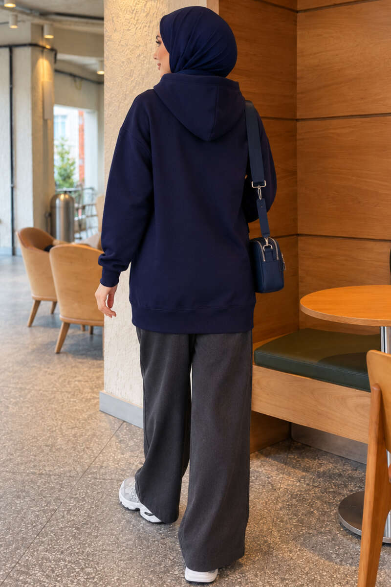 Zip-Up Cardigan with Kangaroo Pocket - Navy