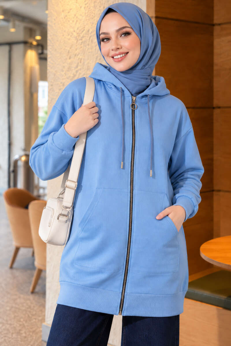 Zip-Up Cardigan with Kangaroo Pocket - Blue