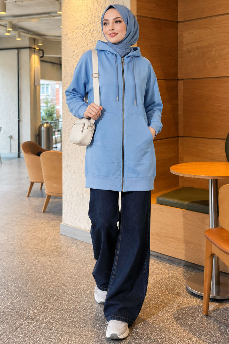 Zip-Up Cardigan with Kangaroo Pocket - Blue