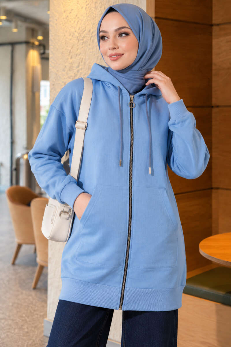 Zip-Up Cardigan with Kangaroo Pocket - Blue