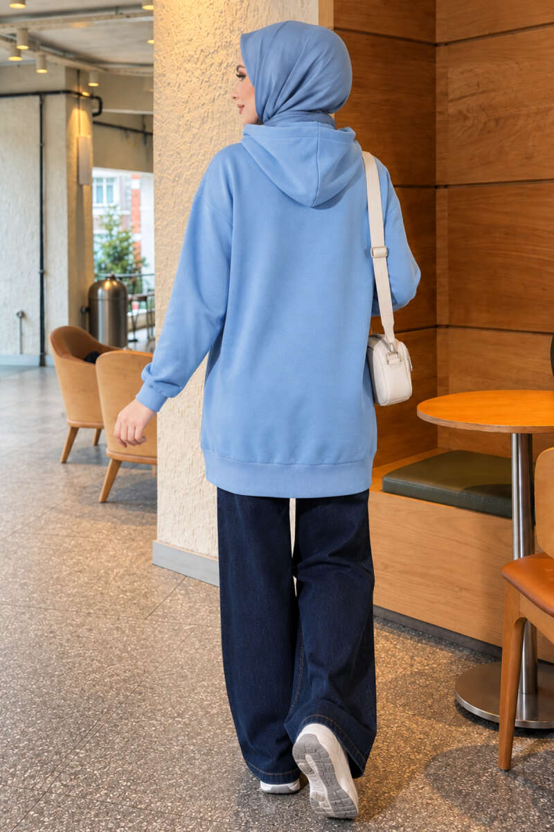 Zip-Up Cardigan with Kangaroo Pocket - Blue