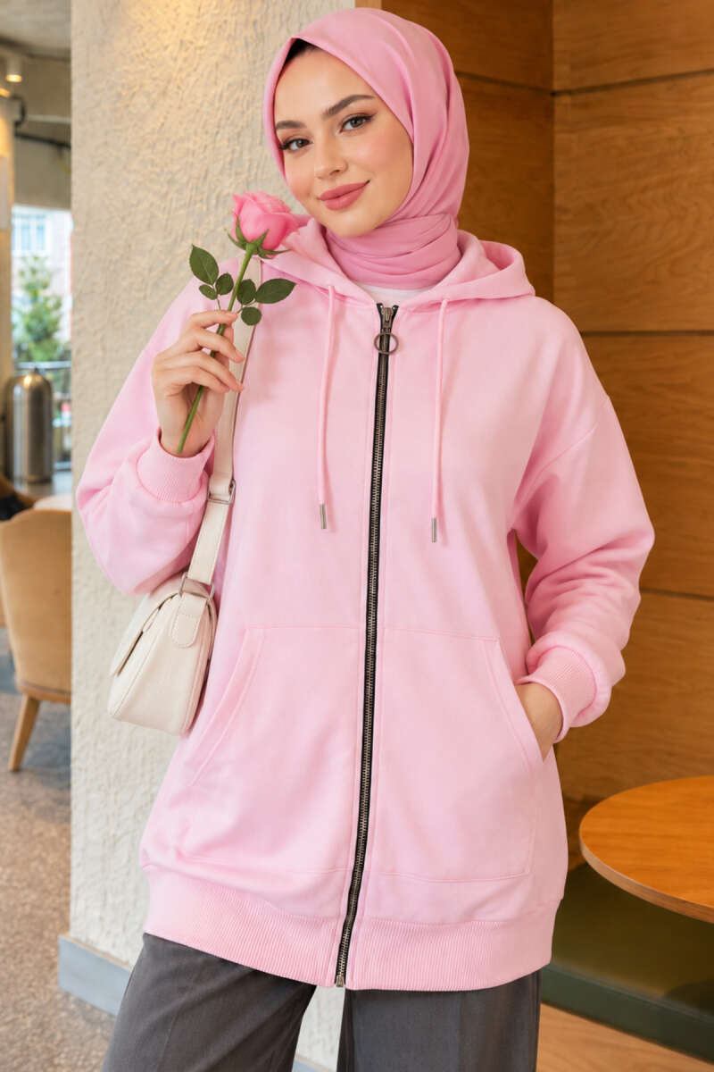 Zip-Up Cardigan with Kangaroo Pocket - Pink