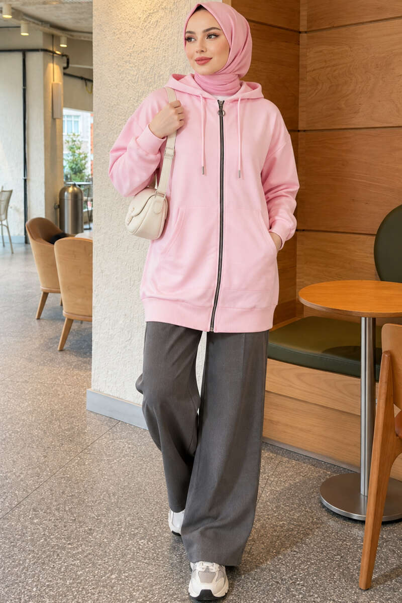 Zip-Up Cardigan with Kangaroo Pocket - Pink