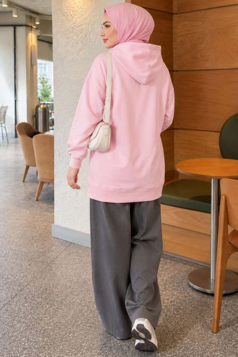 Zip-Up Cardigan with Kangaroo Pocket - Pink