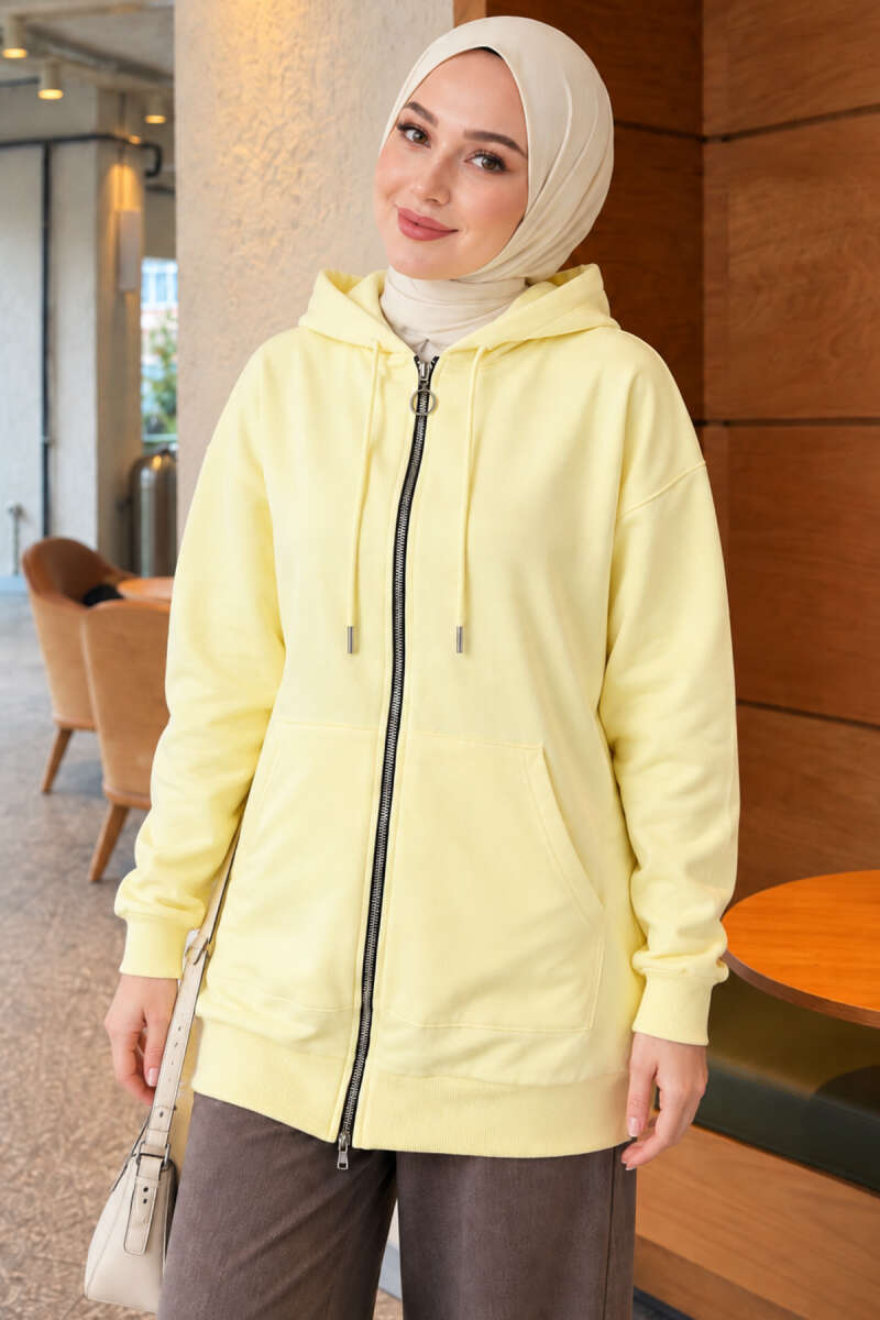 Zip-Up Cardigan with Kangaroo Pocket - Yellow