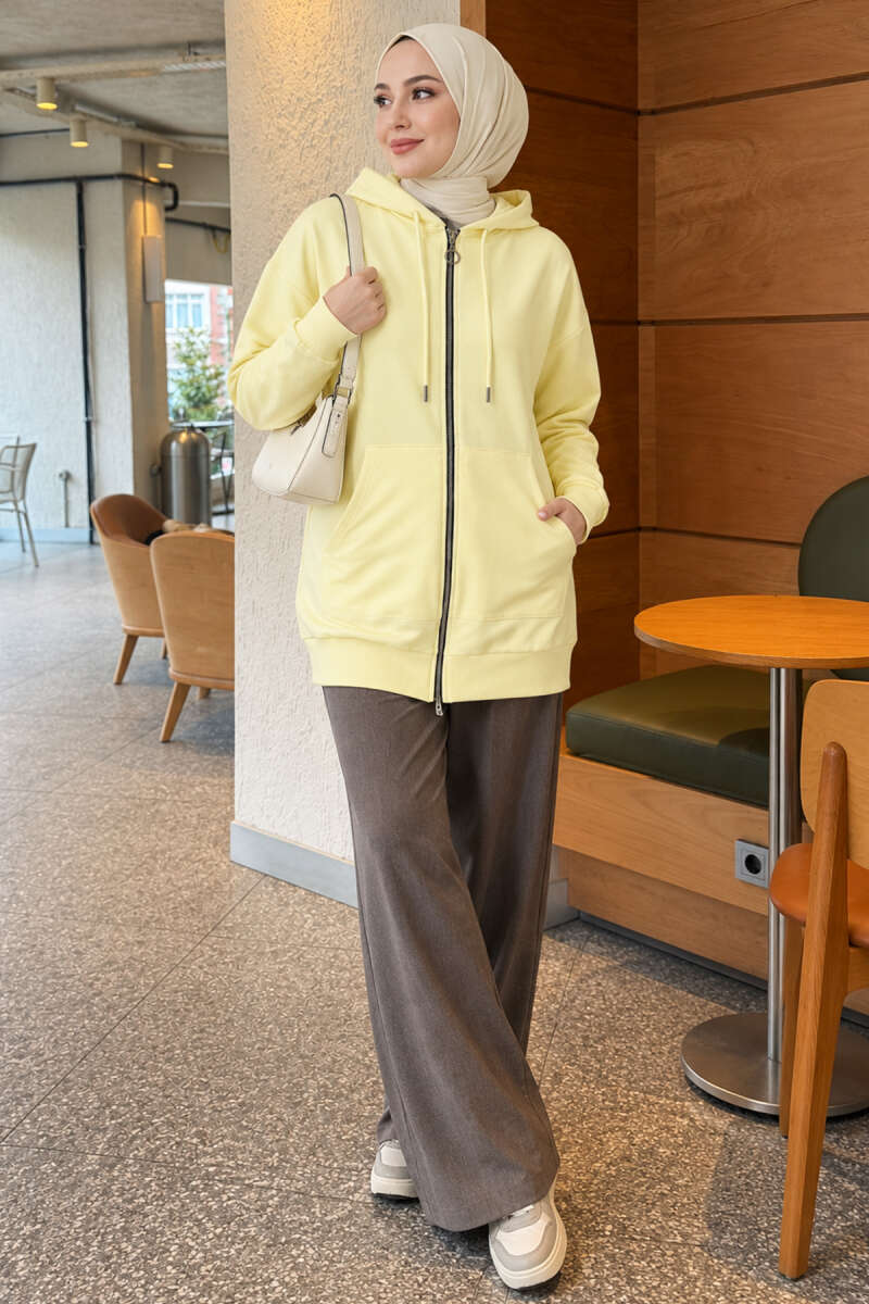 Zip-Up Cardigan with Kangaroo Pocket - Yellow