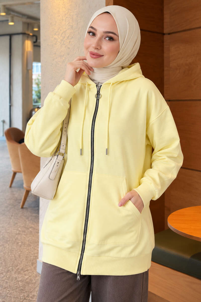 Zip-Up Cardigan with Kangaroo Pocket - Yellow