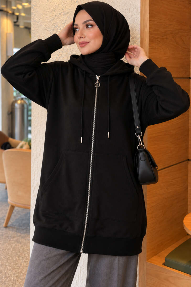 Zip-Up Cardigan with Kangaroo Pocket - Black