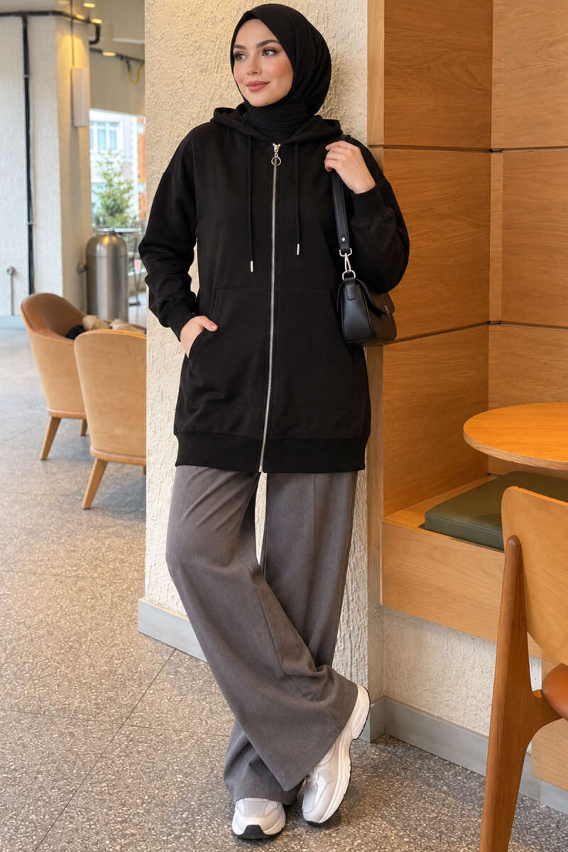 Zip-Up Cardigan with Kangaroo Pocket - Black