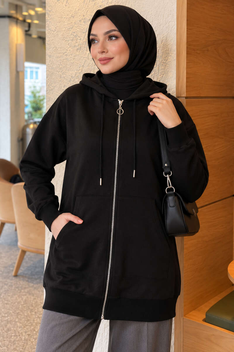 Zip-Up Cardigan with Kangaroo Pocket - Black