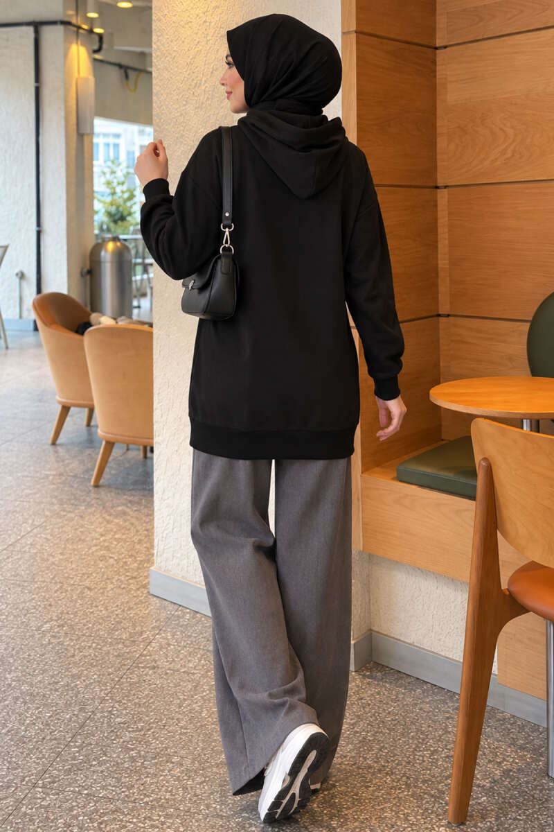Zip-Up Cardigan with Kangaroo Pocket - Black