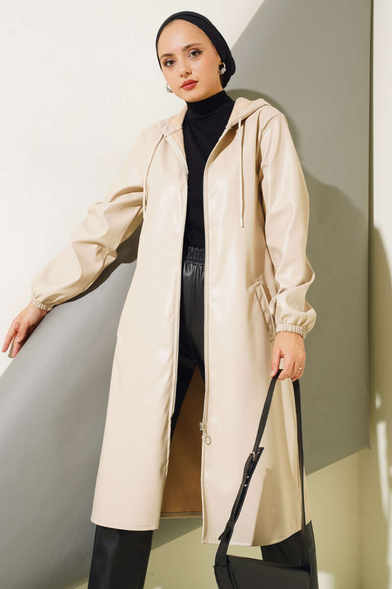 Hooded Faux Leather Zip Cape - Beige