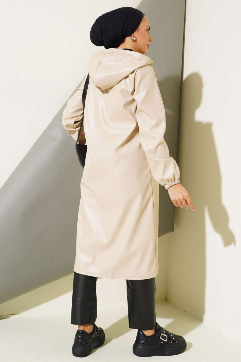 Hooded Faux Leather Zip Cape - Beige