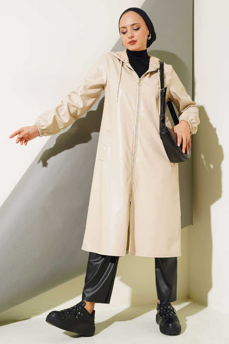 Hooded Faux Leather Zip Cape - Beige