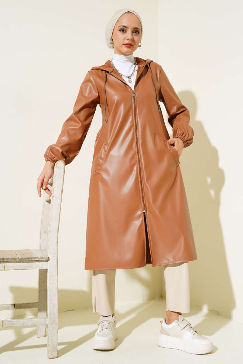 Hooded Faux Leather Zip Cape - Camel