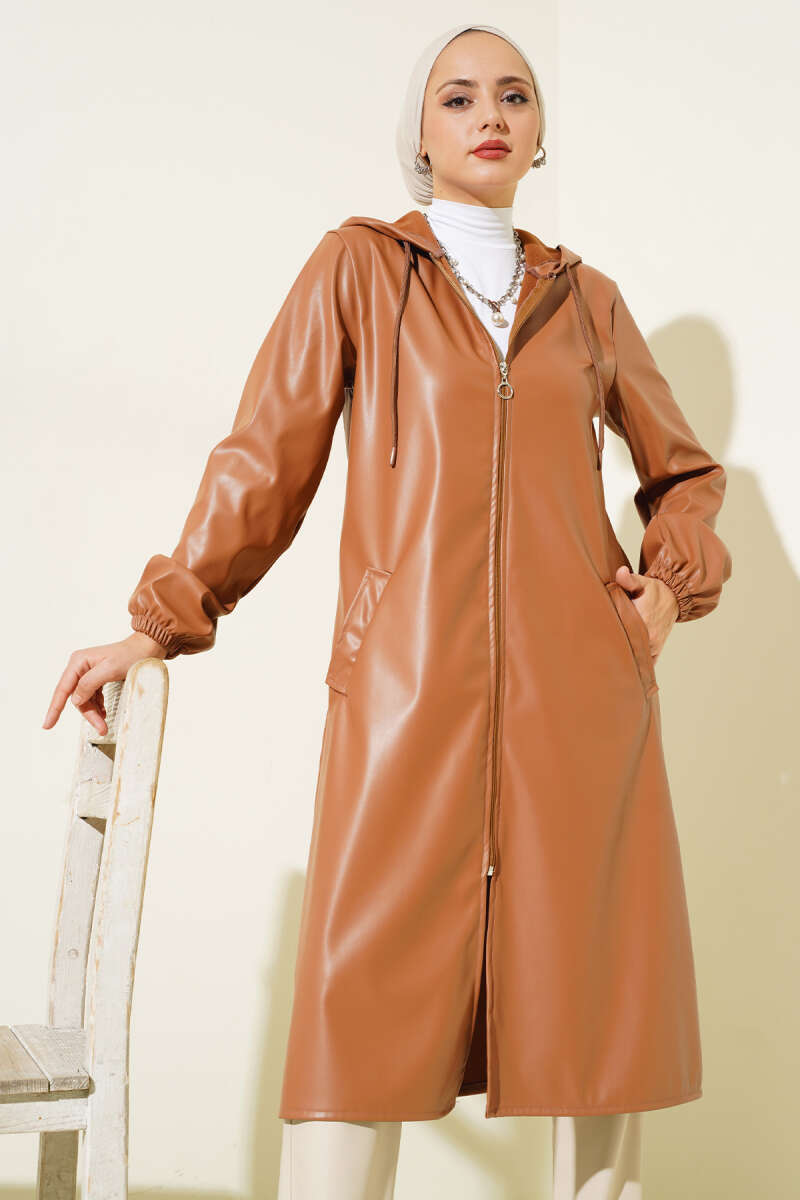 Hooded Faux Leather Zip Cape - Camel