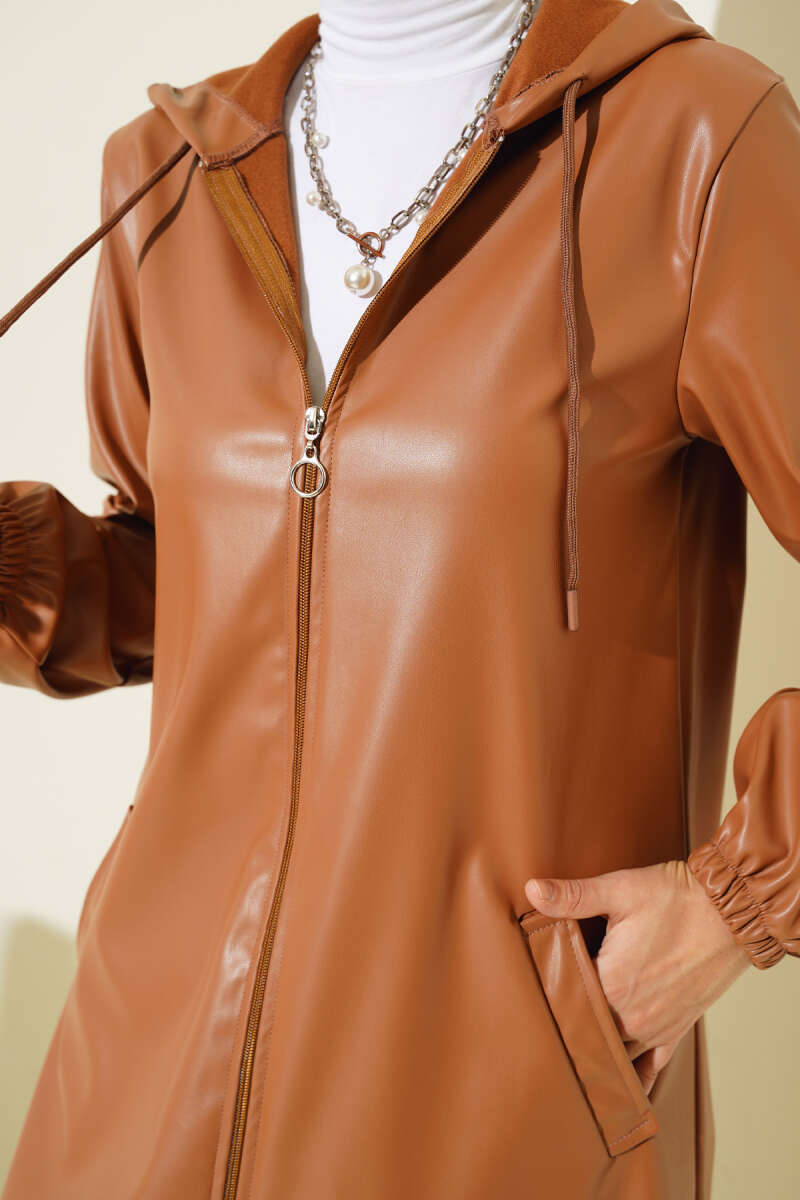 Hooded Faux Leather Zip Cape - Camel