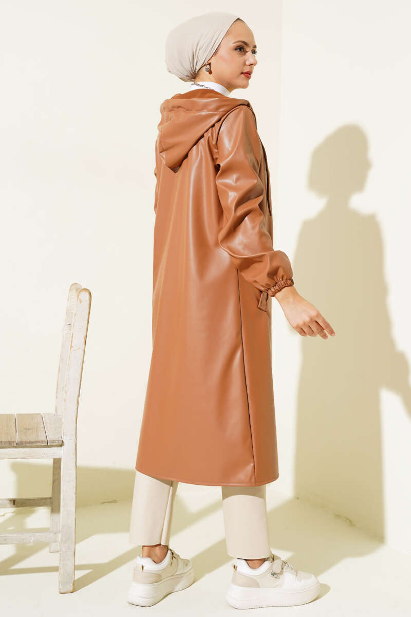 Hooded Faux Leather Zip Cape - Camel