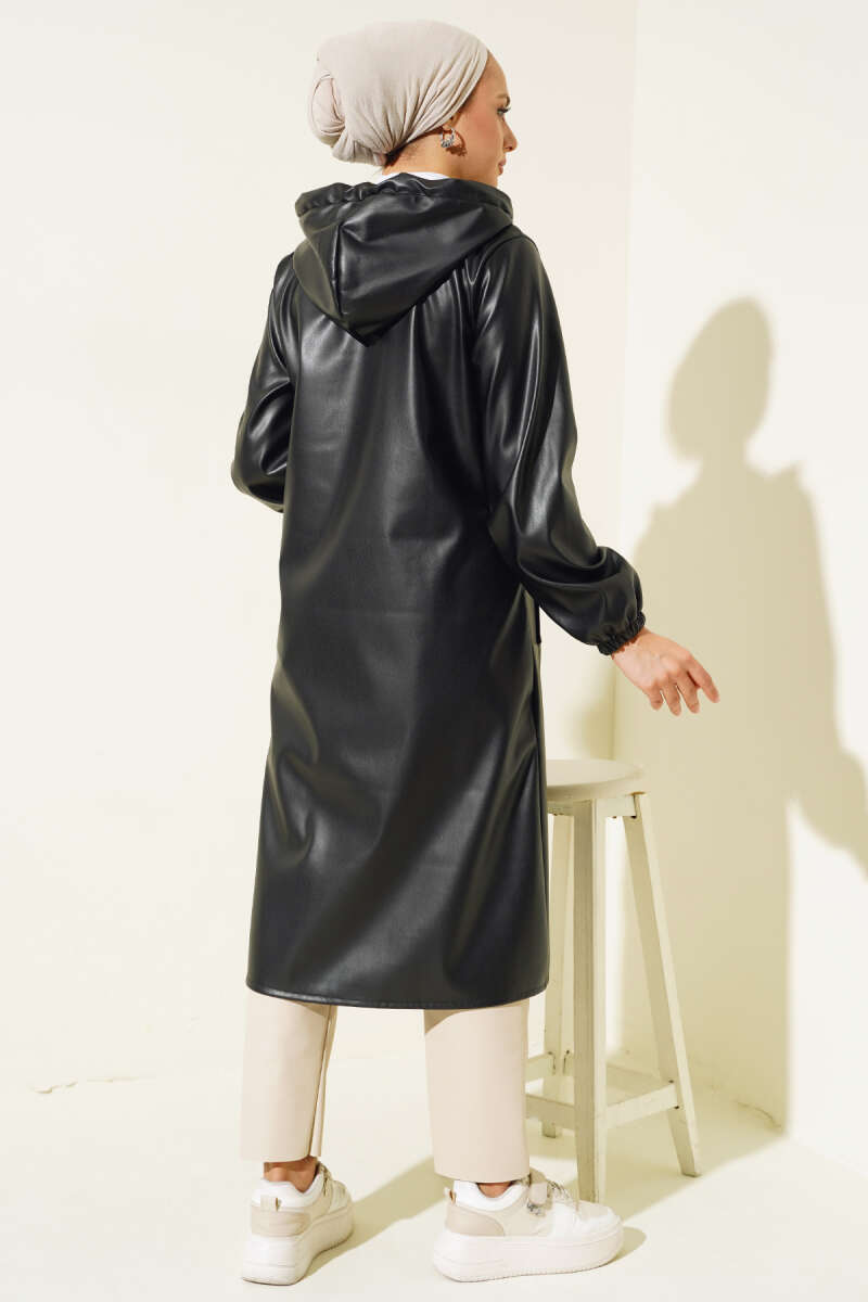 Hooded Faux Leather Zip Cape - Black