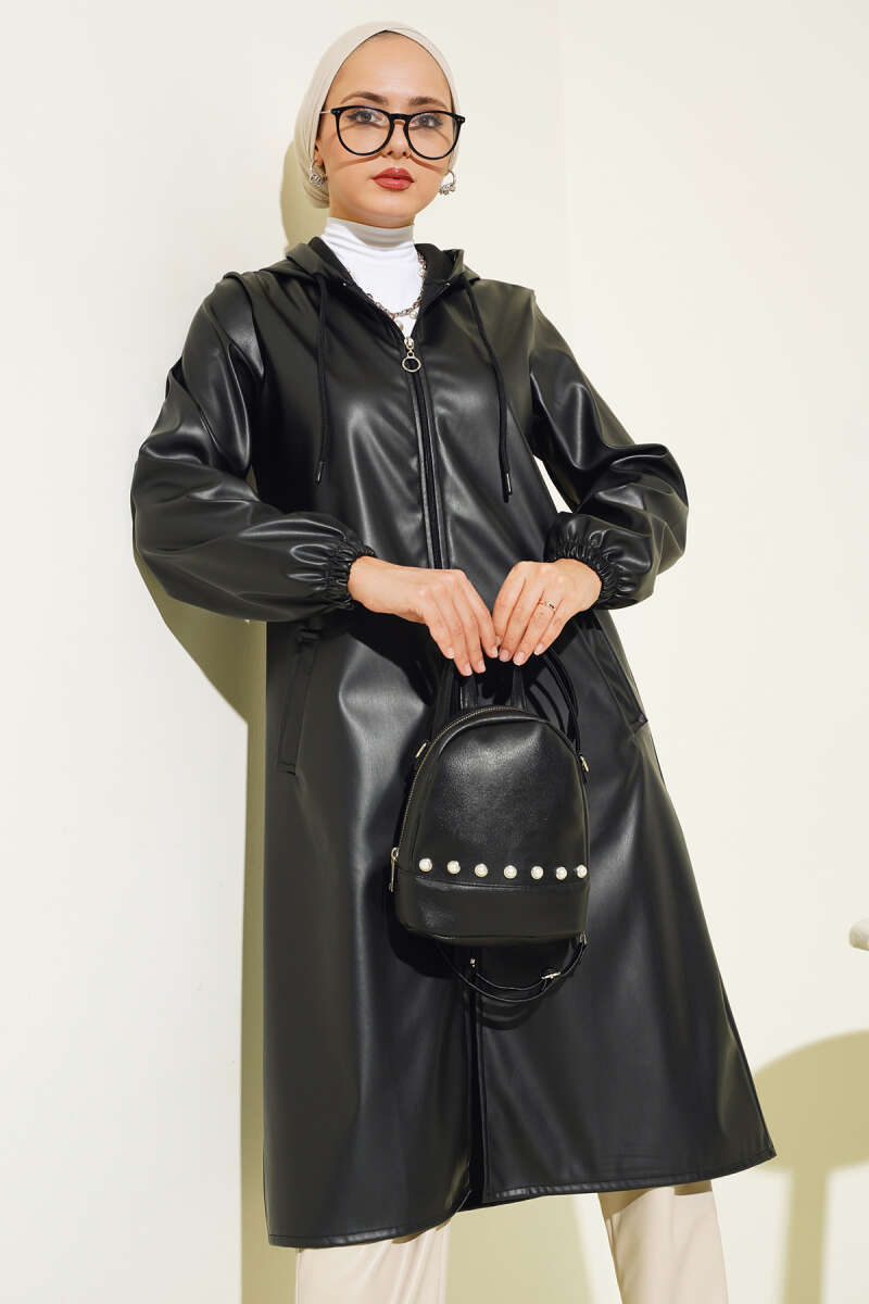 Hooded Faux Leather Zip Cape - Black