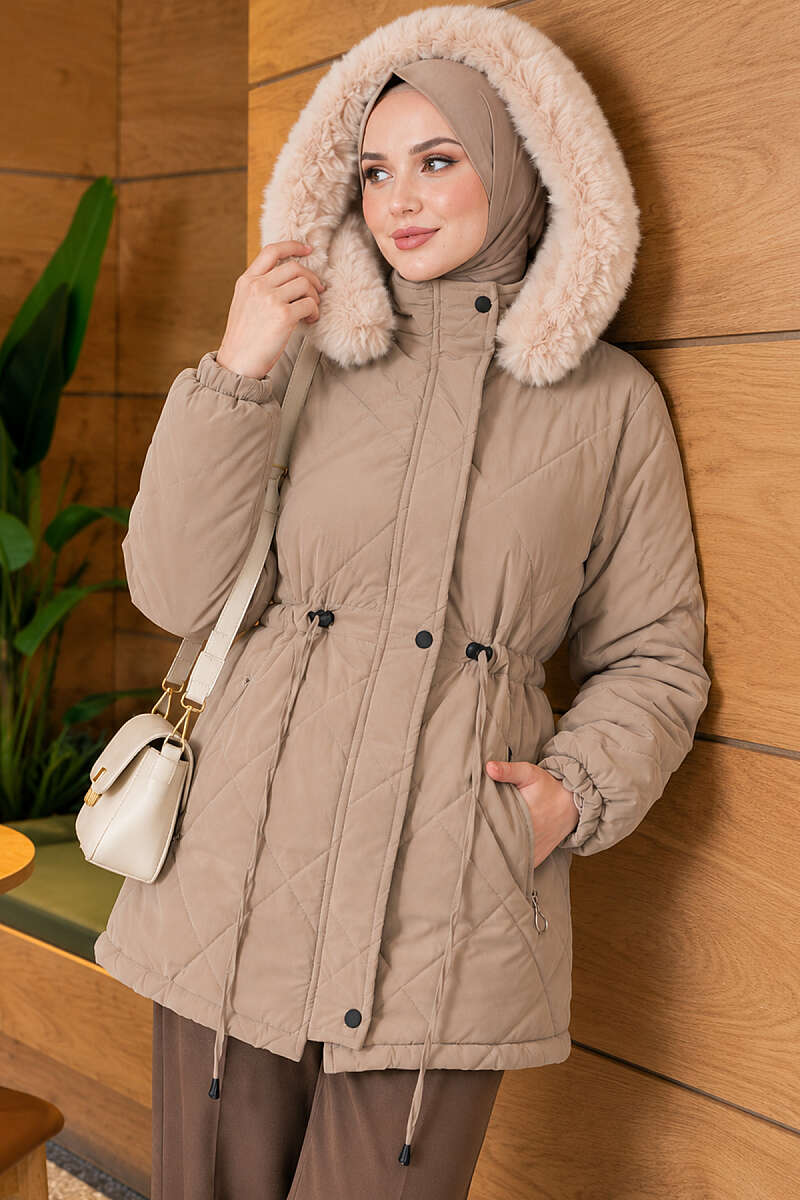 Short Hooded Zip-Up Quilted Puffer - Beige