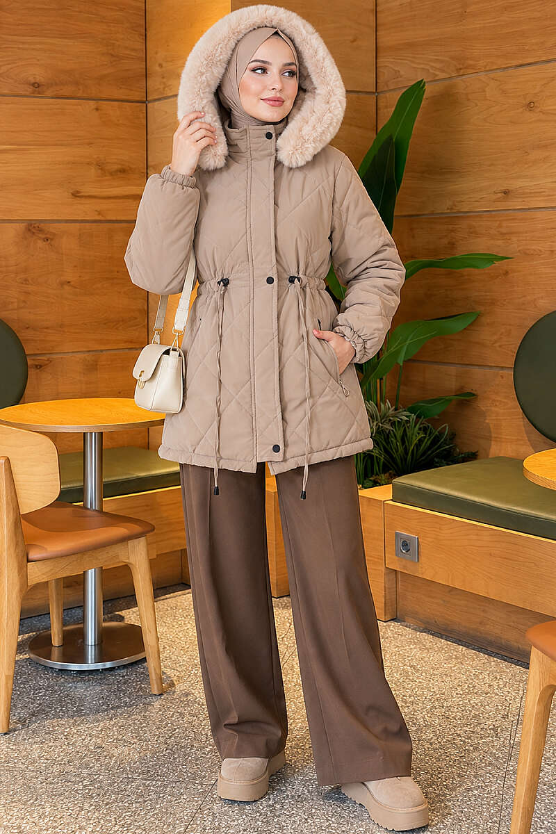 Short Hooded Zip-Up Quilted Puffer - Beige
