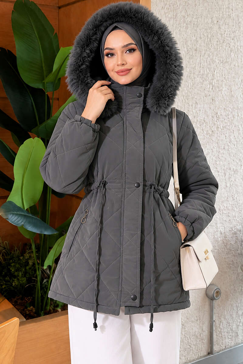 Short Hooded Zip-Up Quilted Puffer - Smoke Grey