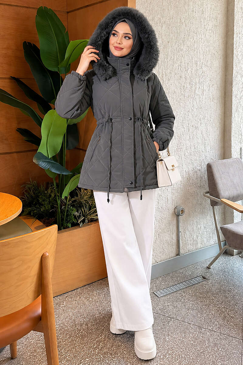 Short Hooded Zip-Up Quilted Puffer - Smoke Grey