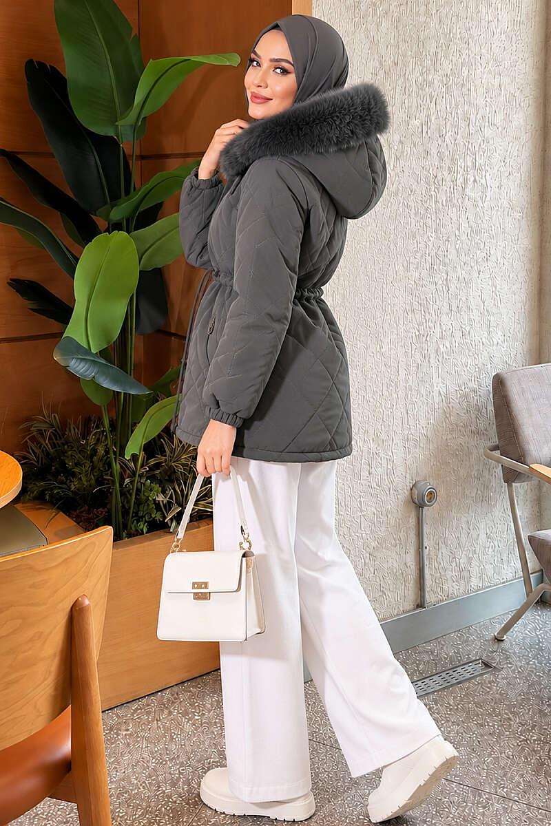 Short Hooded Zip-Up Quilted Puffer - Smoke Grey