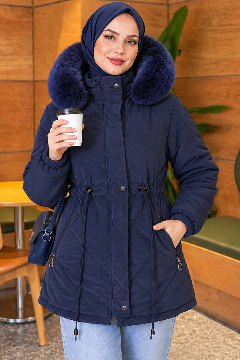 Short Hooded Zip-Up Quilted Puffer - Navy